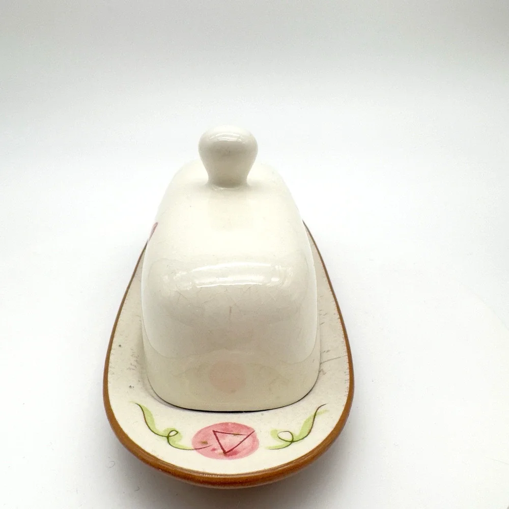 Stangl Pottery Carnival Butter Dish MCM Pink Green Black AS IS